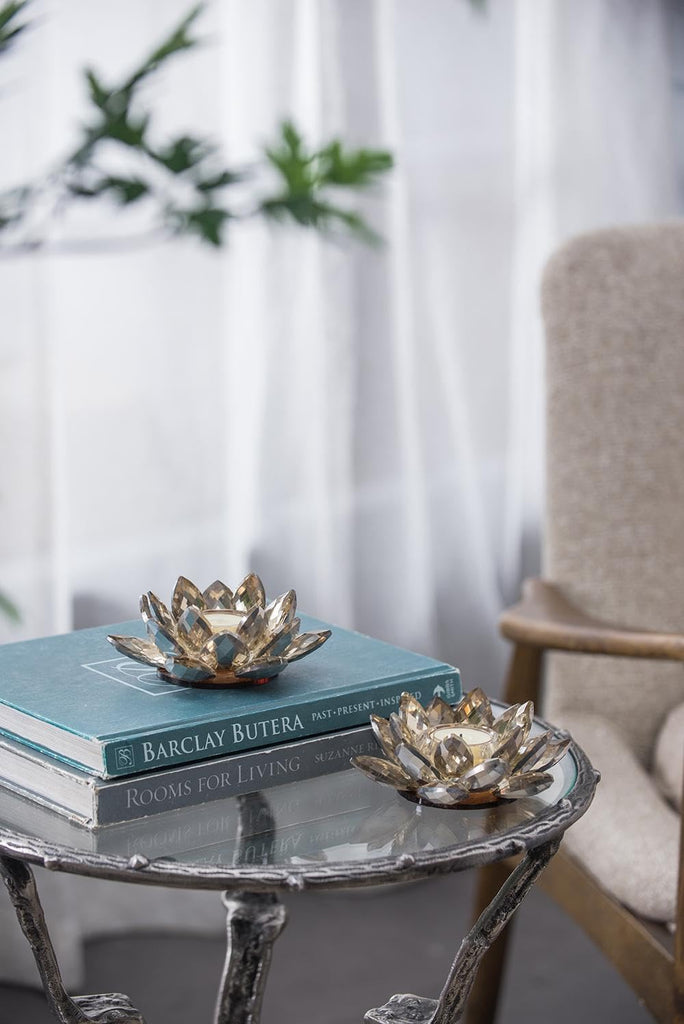 6x6x2 Elegant Crystal Lotus Flower Candle Holders Set of 2 - Luxurious Glass Tealight Holders Décor
