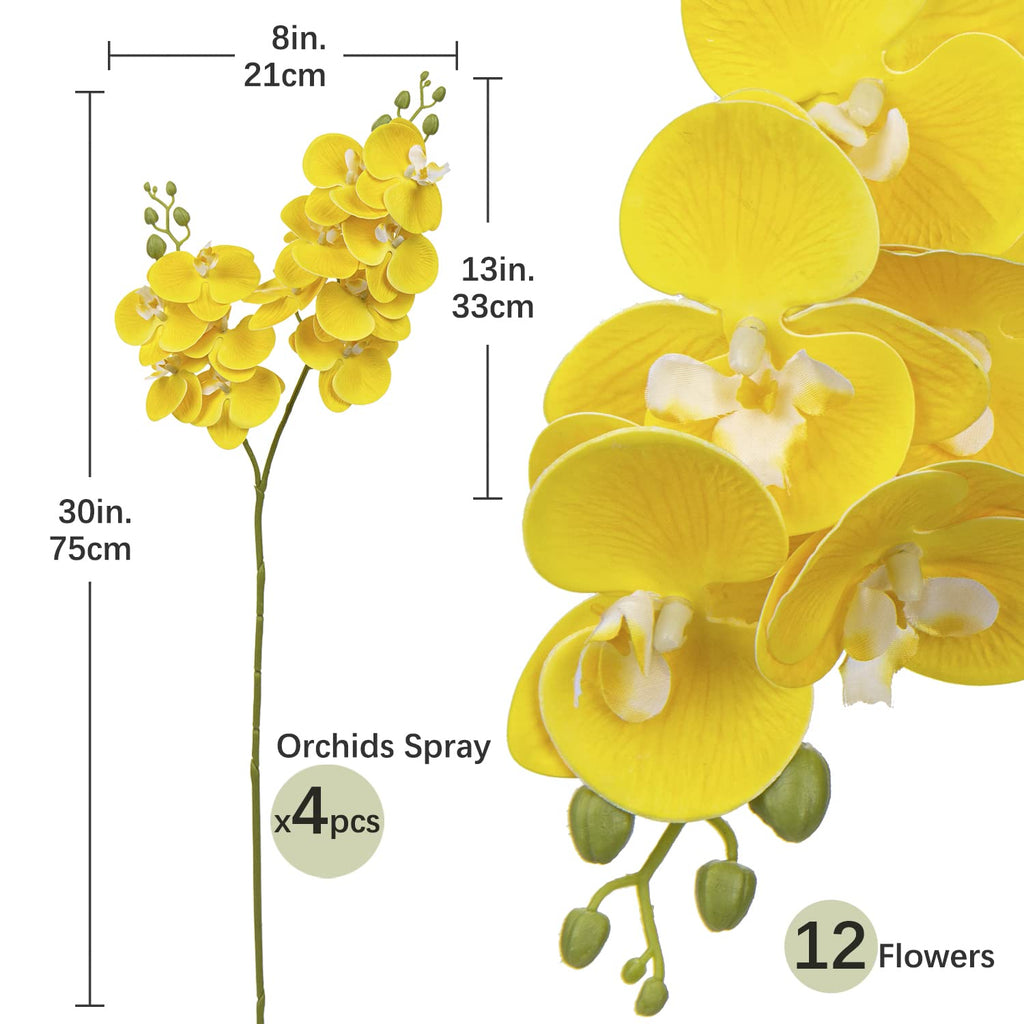 30 Inch Yellow Orchids Artificial Flowers Real Touch Phalaenopsis Spray Artificial Orchid Stems with 12 Orchid