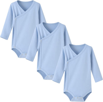 Baby Boy Girl Side Snap Bodysuits - 100% Cotton Plain Long Sleeve Baby Kimono -, 3 Pack