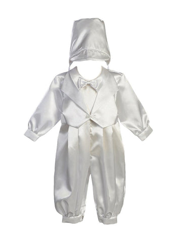 Long White Satin Christening Baptism Romper with Vest, Bowtie and Hat - L
