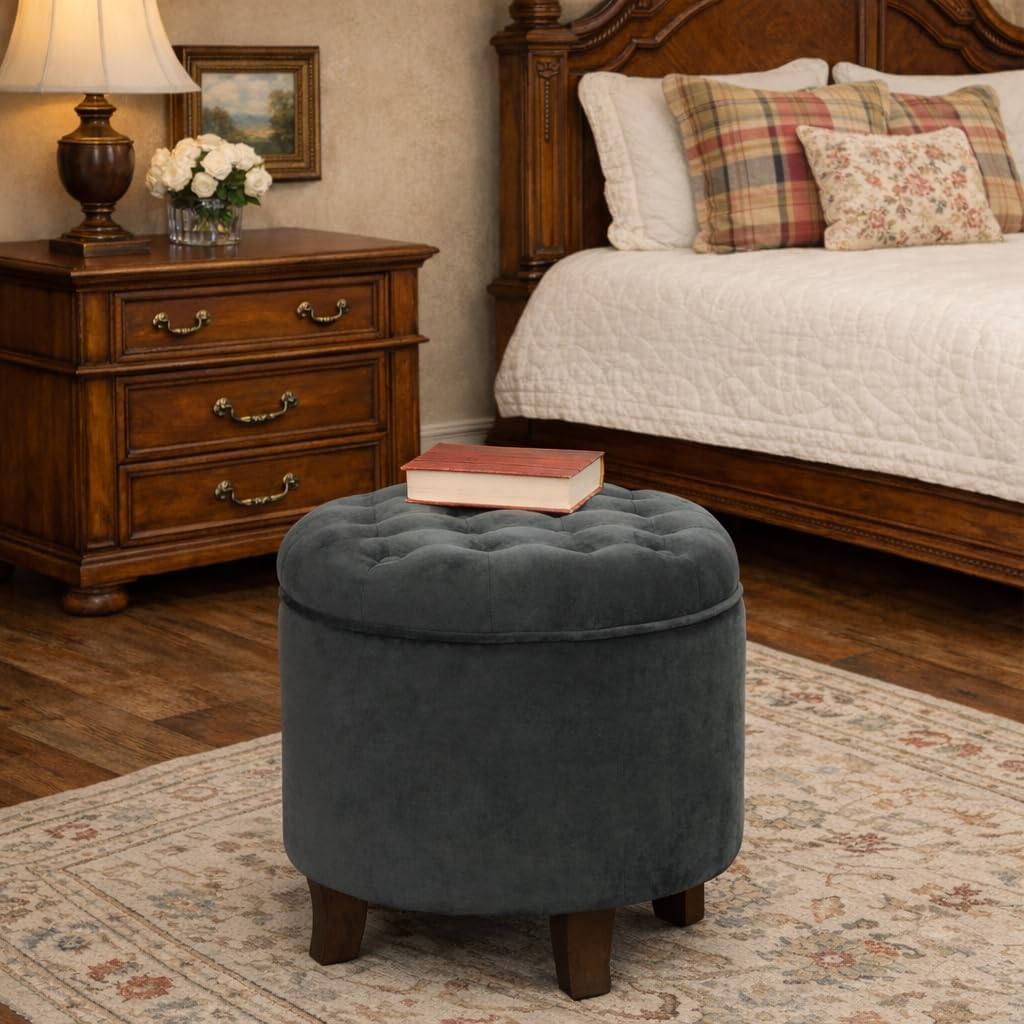 Home Decor | Upholstered Round Velvet Tufted Foot Rest Ottoman | Ottoman with Storage | Decorative Home Furniture