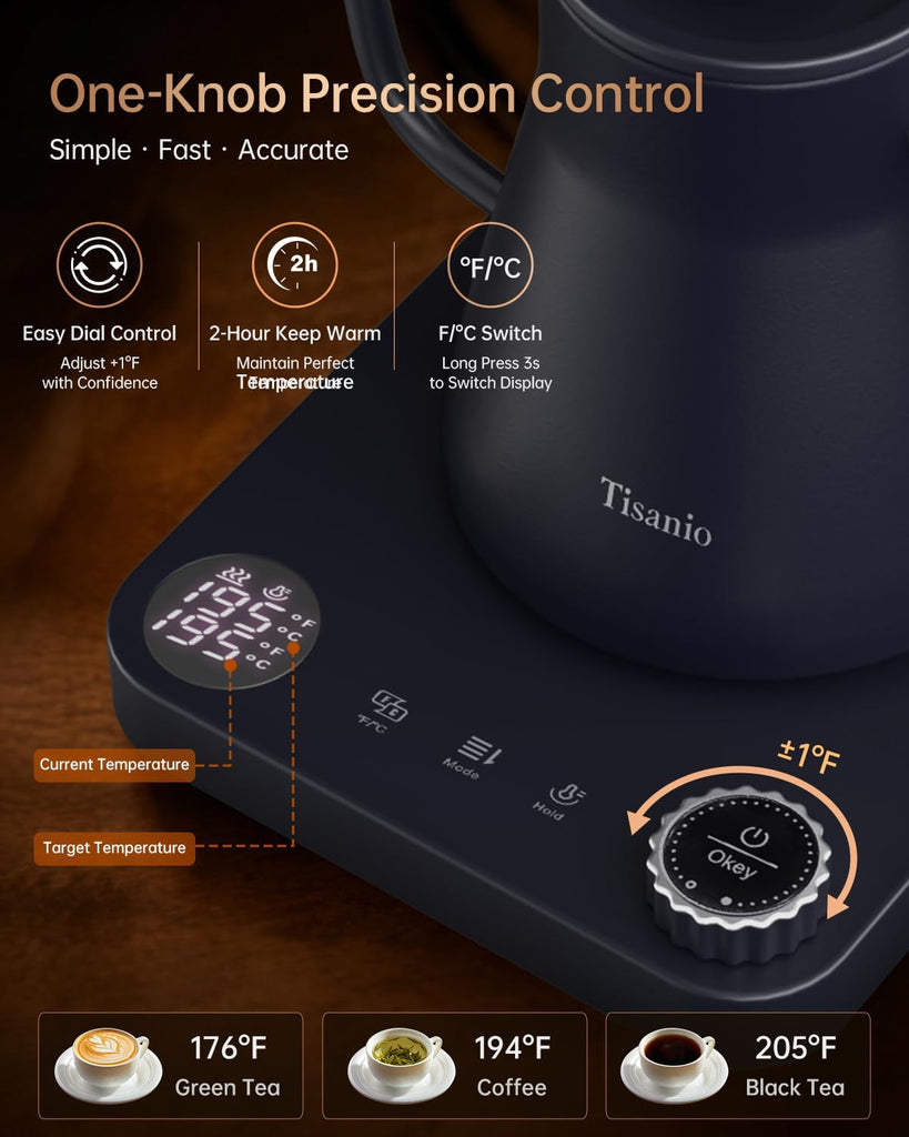 Gooseneck Electric Kettle with Temperature Control, 0.9L, Blue Wood | ±1°F Precision Pour Over Kettle, LCD Dual