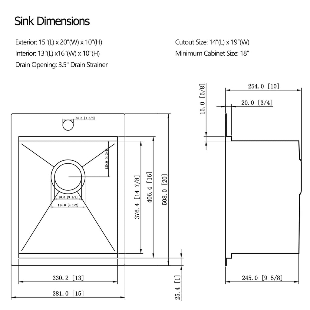 15 Drop In Black Kitchen Bar Sink, Luckyhorse 15x20x10 Inches 16 Gauge Gunmetal Black Stainless Steel Drop In
