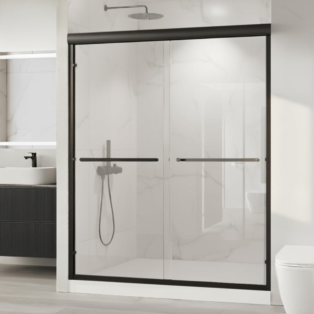 Shower Doors, 56 - 60" W x 72" H Sliding Glass Shower Door, Matte Black Aluminum Frame