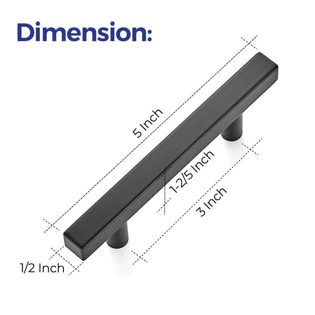 Matte Black Square Cabinet Hardware Pulls 3 Inch 5 Pack