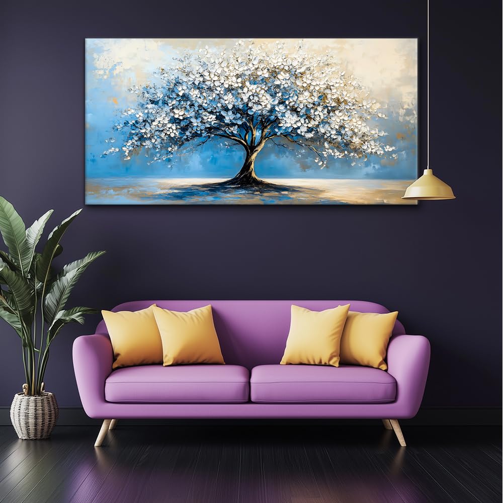 Contemporary Tree of Life Wall Art Office Navy Blue White Floral Canvas Painting Prints Nature Artwork over the Couch