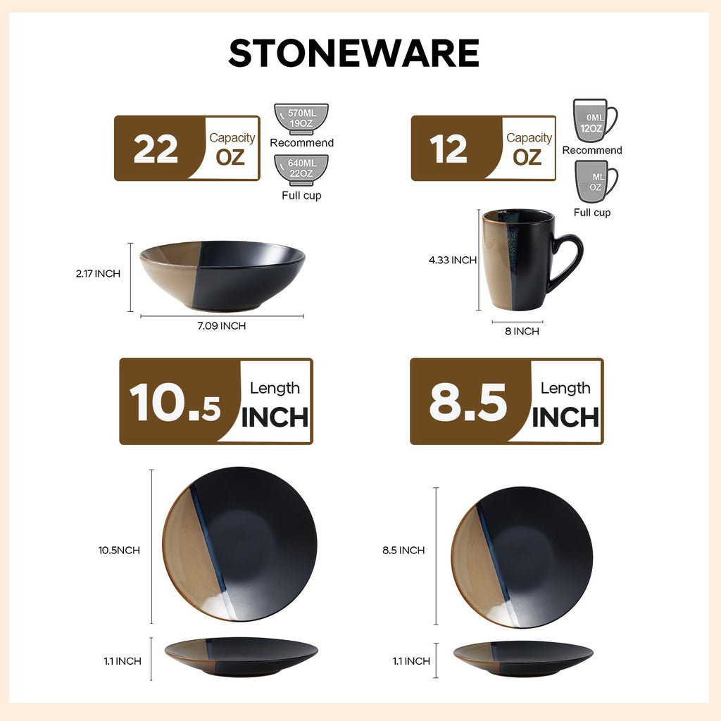 Beston Stoneware Dinnerware Sets Service for 4, 16 pcs Reactive Glaze Plates and Bowls Sets, Handmade Ceramic Dish