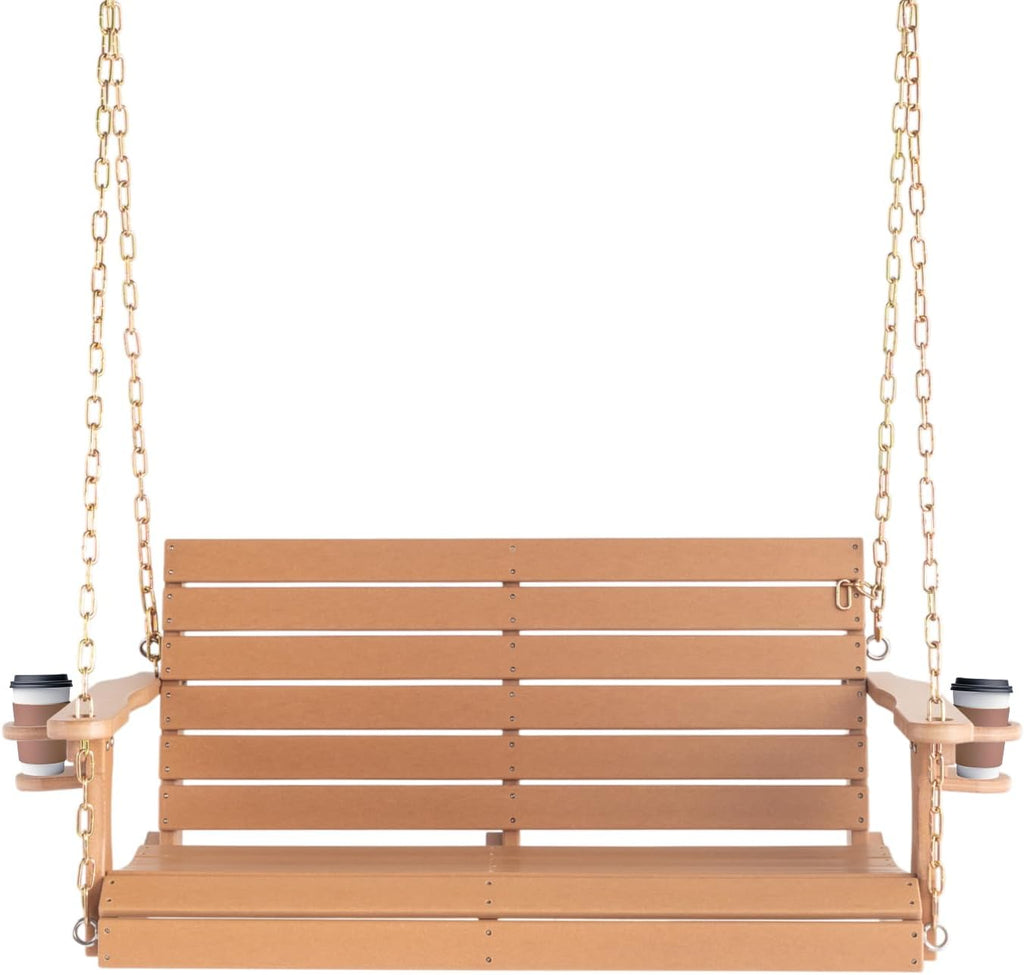 4 FT HDPE Porch Swing Outdoor with Rotatable Cup Holder, Teak | Recycled Plastic Porch Swing with Ergonomic Design