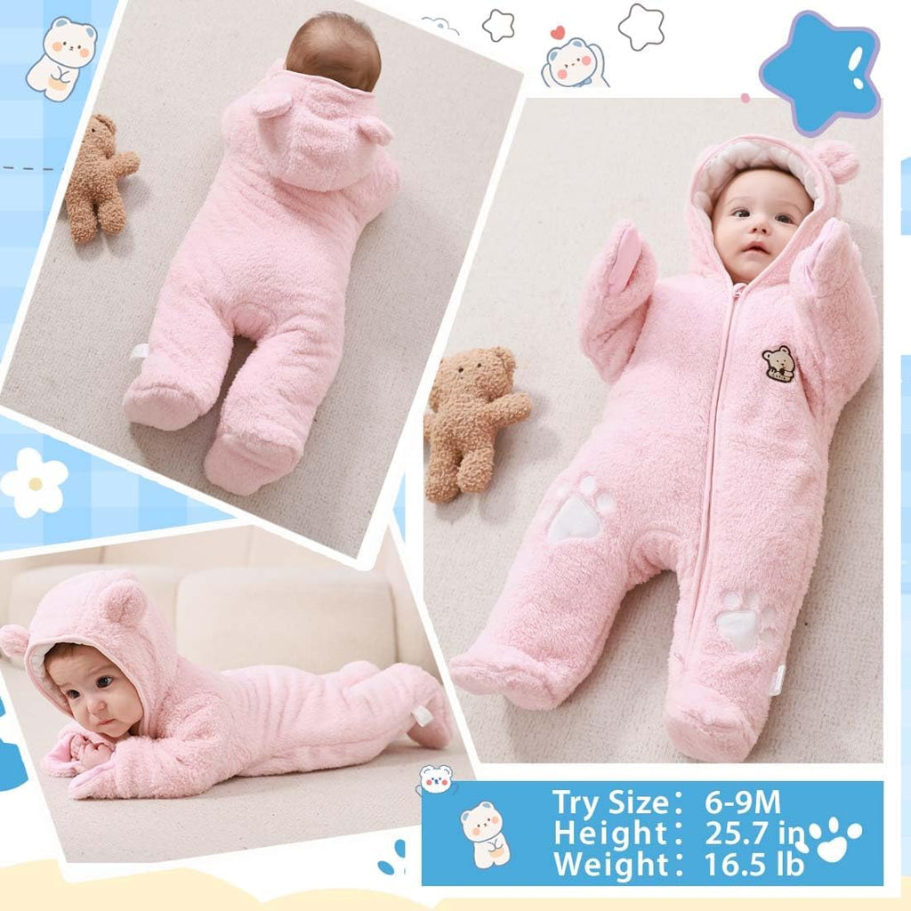 Baby Snowsuit Bear Outfit Footie Romper Winter Thick Fleece Jumpsuit Infant Coat for Girls Boys