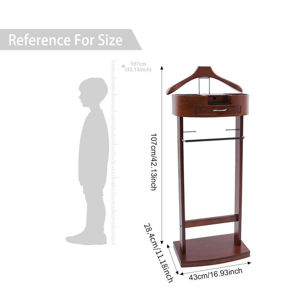 Wood Suit Rack Stand Clothes Valet Suit with Drawer Top Tray Organizer