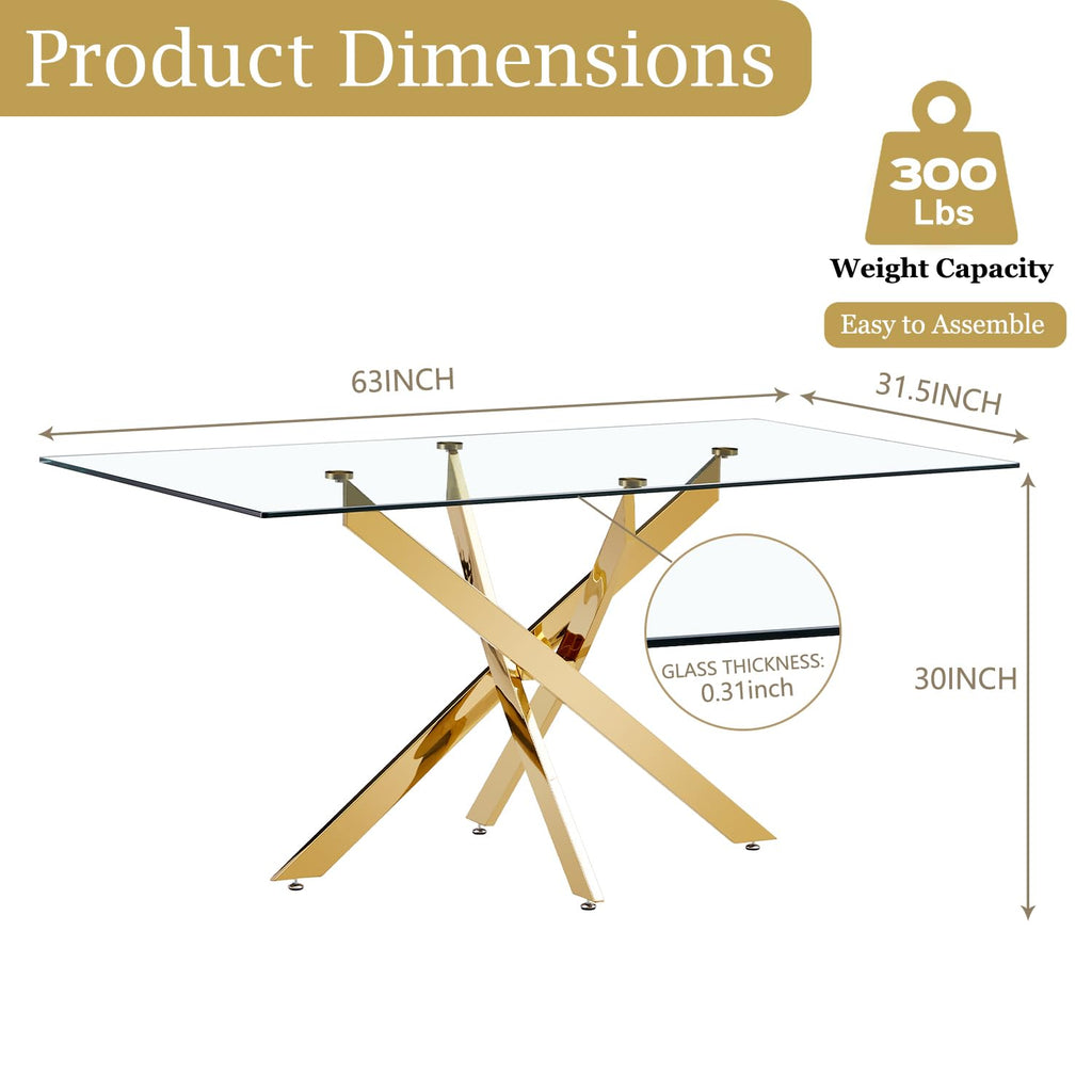 63" Glass Dining Table for 4-6, Contemporary Rectangular Dining Room Table with Tempered Glass Top & Gold Finish