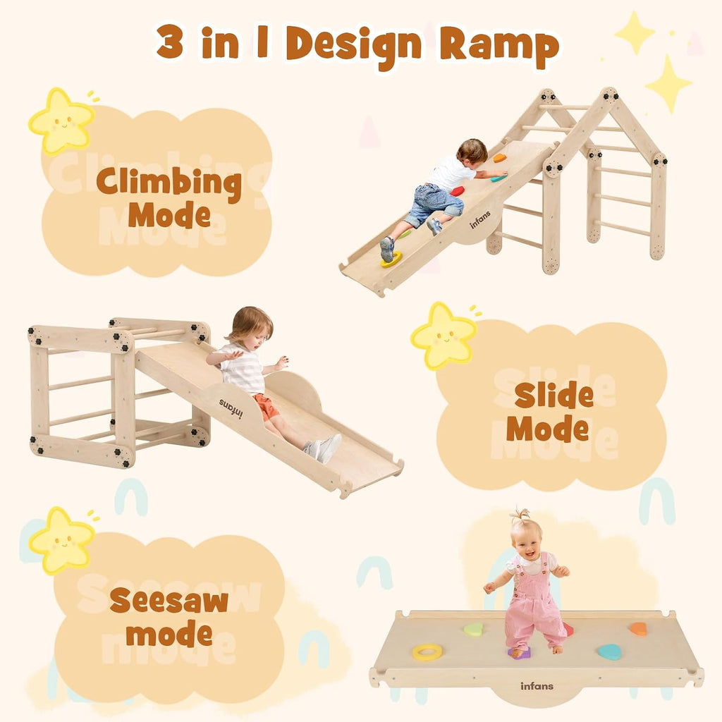 12 in 1 Climbing Toys for Toddlers, Upgrade Wooden Montessori Foldable Triangle Climber Set with Reversible Ramp