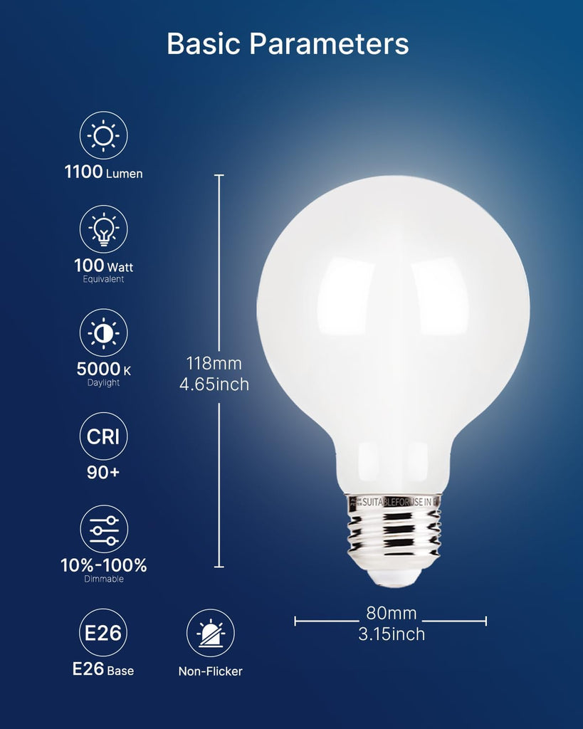 G25 LED Globe Bulb, 100W Equivalent 11W 1100 Lumen, 5000K Daylight, White Coated Glass for Soft Even Light, Dimmable