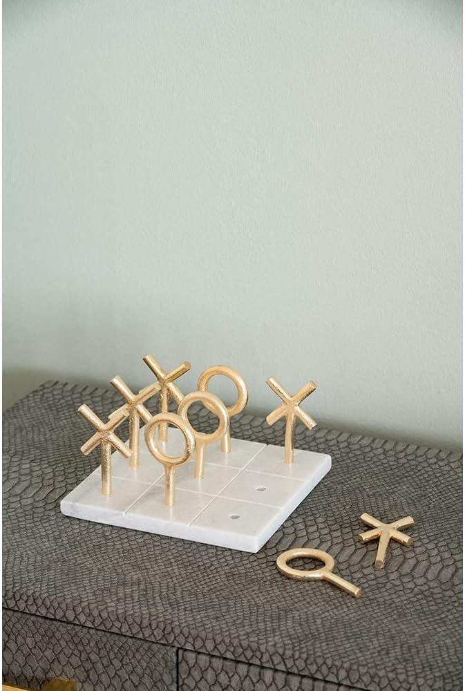6.4" Banswara Marble Tic Tac Toe Game Set w/Gold Metal Pieces Luxury Decor