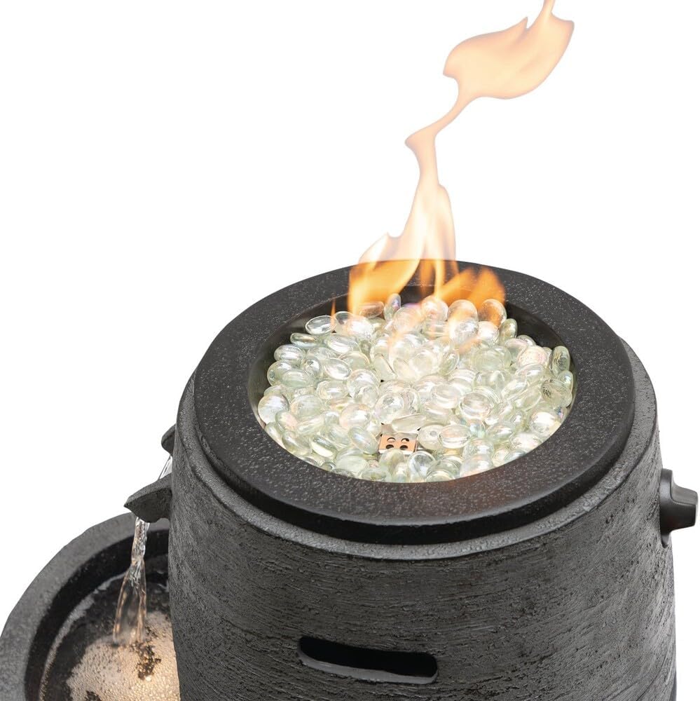 Outdoor Cascading Look 3 Tiered Fire and Water Fountain with Adjustable Flame and LED Lights, 27" Tall, Gray