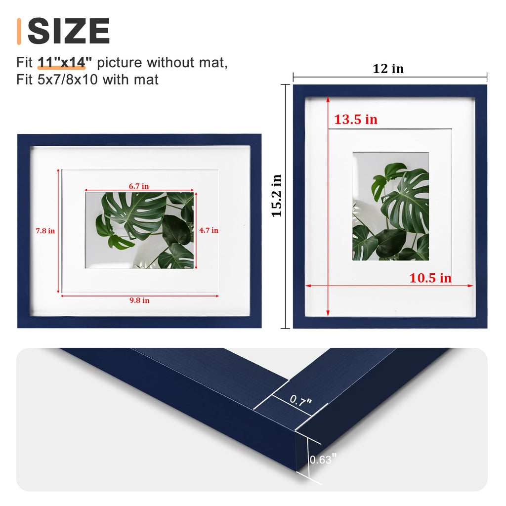11x14 Picture Frame Made of Solid Wood Covered by Plexiglass, Display Pictures 5x7/8x10 with Mat or 11x14 Without Mat