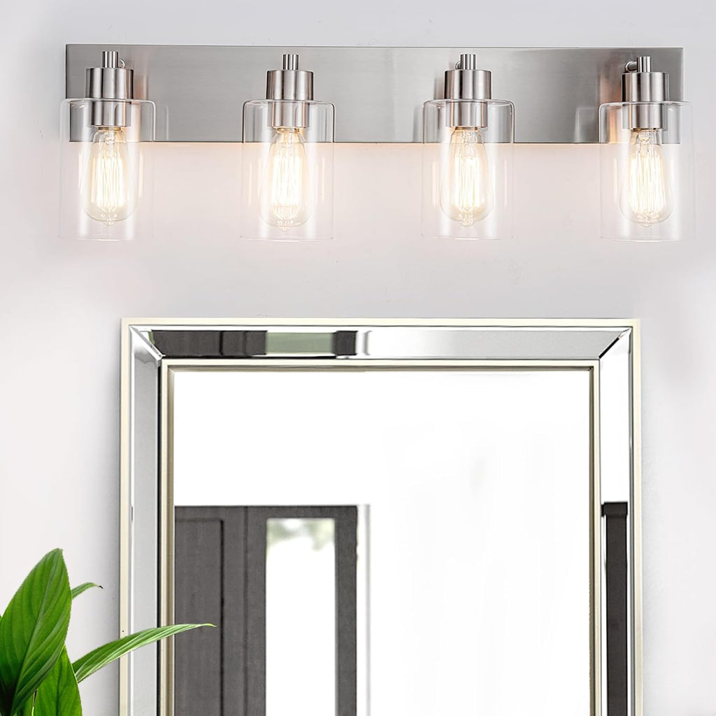 4-Light Bathroom Vanity Light Fixtures, Modern Bathroom Light Fixture with Clear Glass Brushed Nickel Finish Vanity