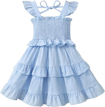Toddler Girls Summer Smocked Dress Flutter Sleeve Tiered Ruffle Sundress