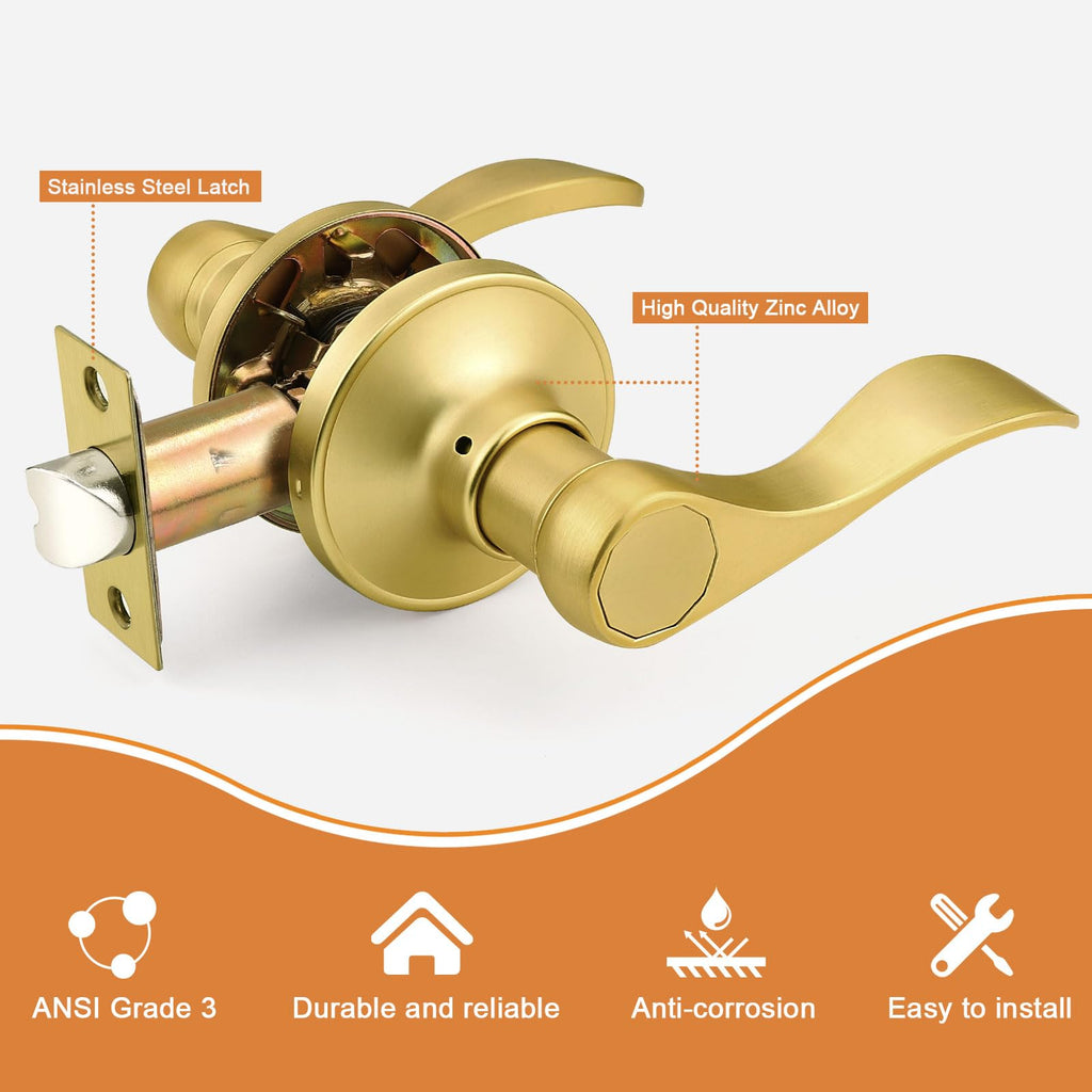 Door Handles Gold Interior Door Handles Passage Door Handle Lever Brushed Gold for Closet, Hallway Closet Wave Style