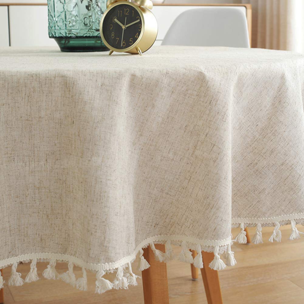 Linen Round Tablecloth, Fabric Circle Table Cloth with Tassels, Washable Wrinkle Free Table Cover Boho Farmhouse