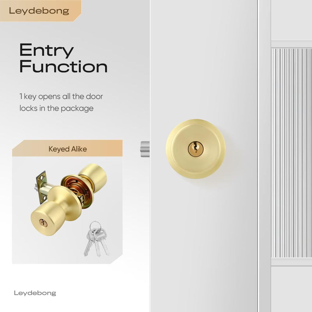 4 Pack Keyed-Alike Stainless Steel Door Knob Lock Gold Door Knobs with Keys, Adjustable 60-70mm Backset for 35-45mm