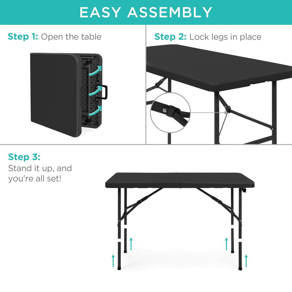 4ft Plastic Folding Table, Indoor Outdoor Heavy Duty Portable w/Handle, Lock for Picnic, Party, Camping - Black