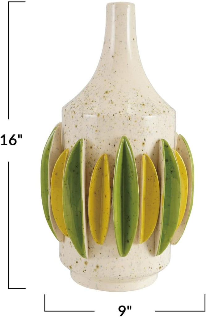 Handmade Speckled Stoneware Vase with 3D Pleats, Cream, Green & Yellow
