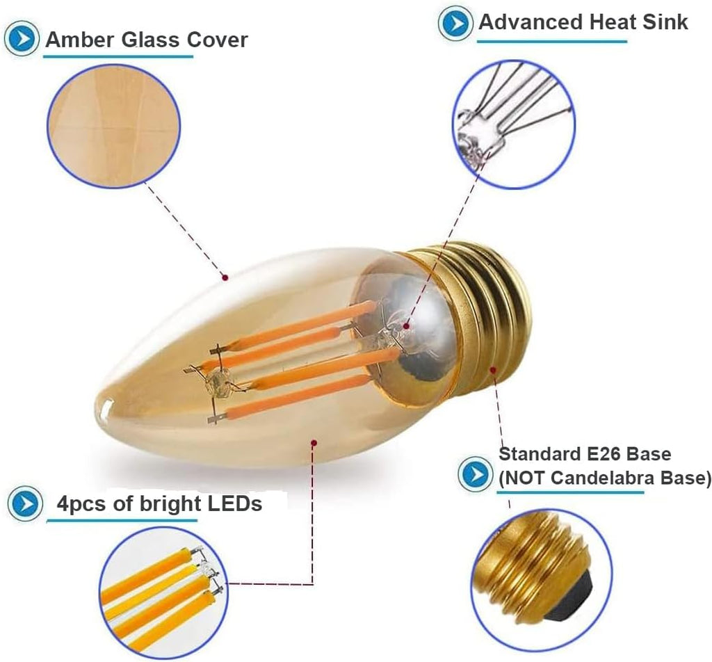 LED Filament Chandelier Bulb 4W, Vintage Classic Edison Style, E26 Standard Base Amber Glass Light Bulbs, Gold Tint