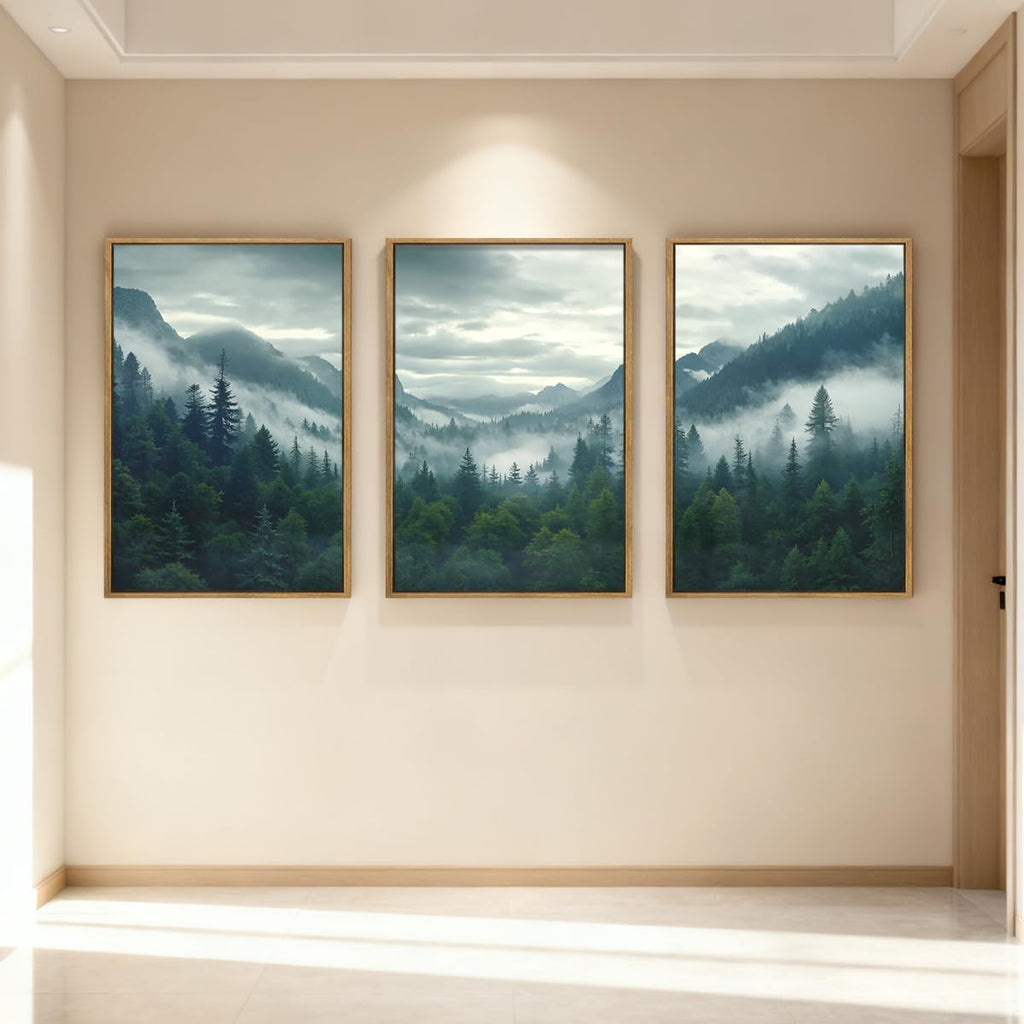Large Misty Mountain Framed Wall Art 16x24 inch Green Foggy Forest Canvas Wall Decor Modern Pine Trees Nature