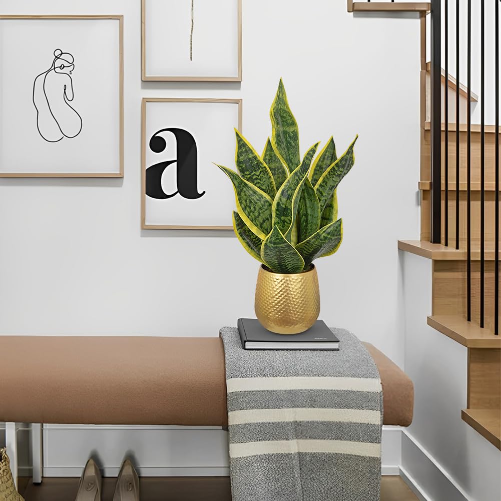 Artificial Snake Plant in Gold Pot, 18" Faux Sansevieria Potted Plant Decor, Fake Snake Plants Laurentii Indoor