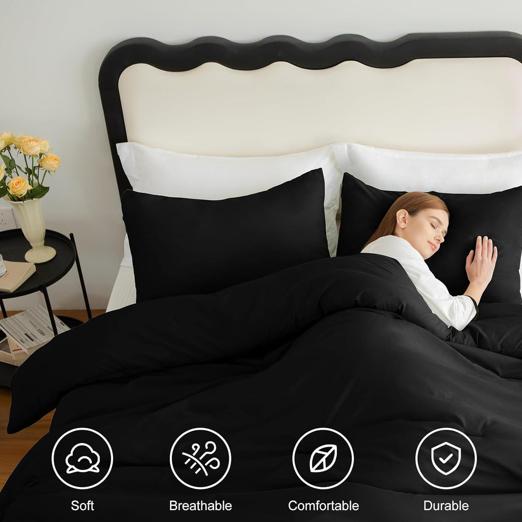 Queen Comforter Set Black, 3 Pieces Solid Comforters Queen Breathable Quilted Bedding Sets