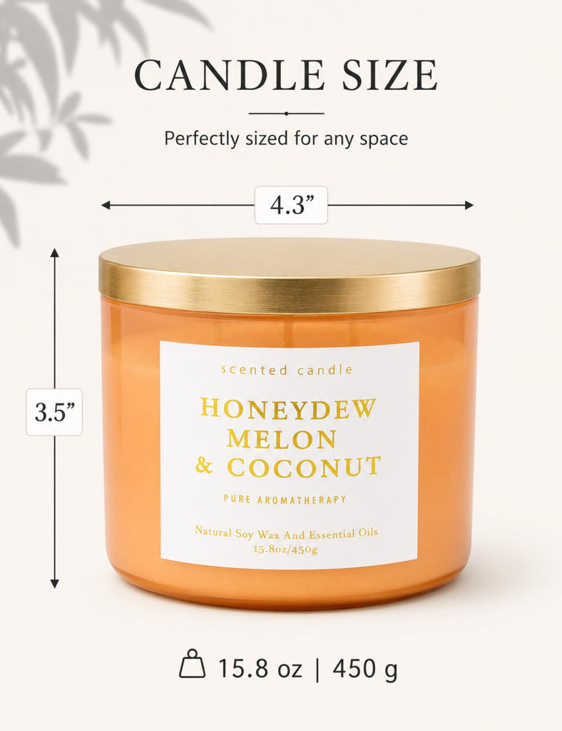 Fruity Honeydew Melon Coconut Scented Candle, Large 3 Wick Soy, 15.8 Oz