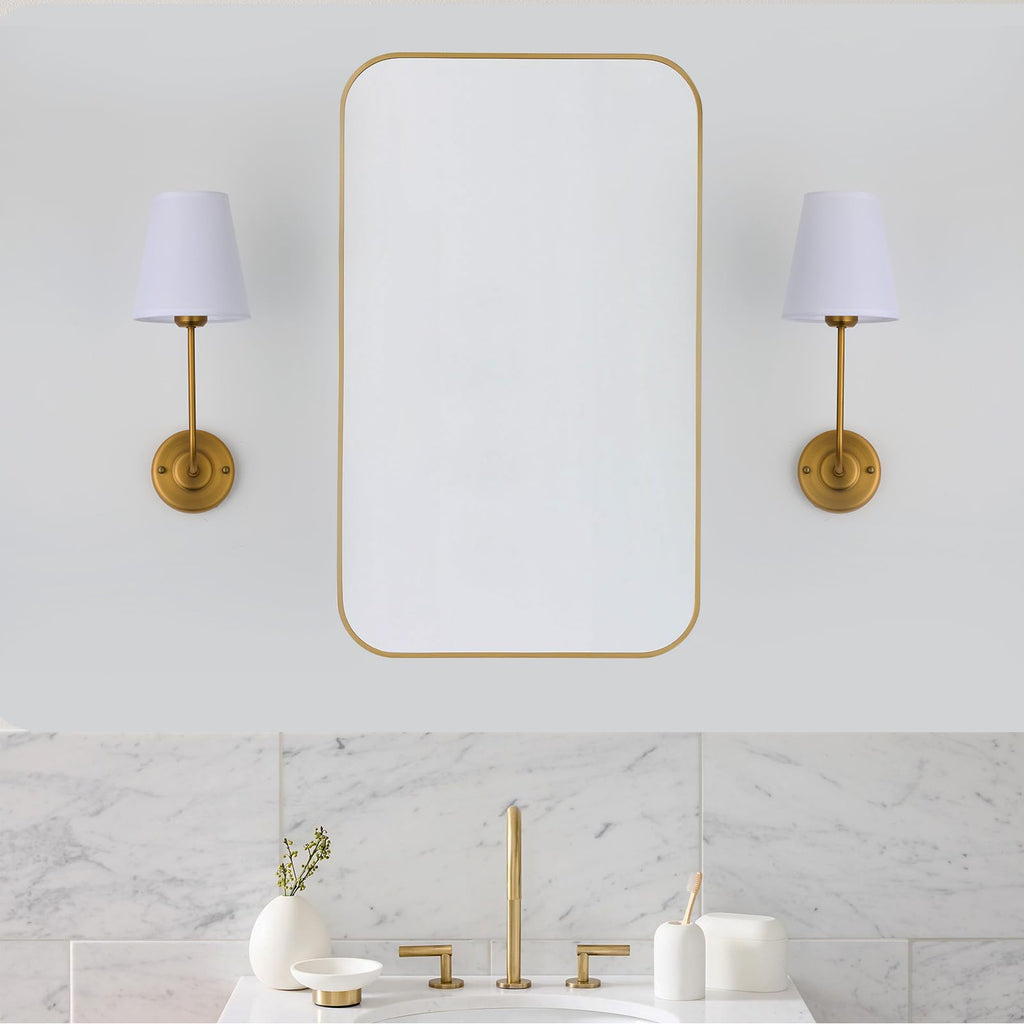 Hardwired Wall Sconce Set of 2 with Flared Shape White Textile Shade Curved Arm and Antique Brass Finish Metal