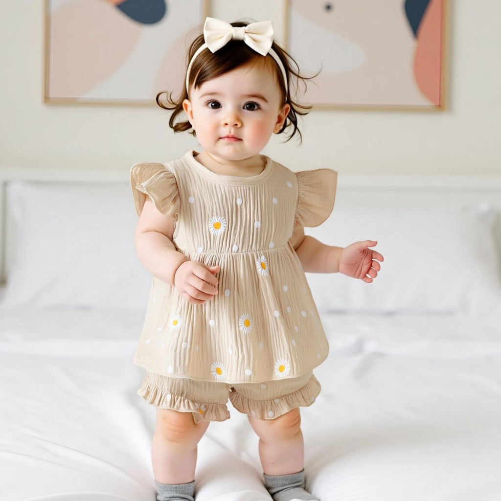 Infant Baby Girl Clothes Outfits Daisy Print Ruffle Sleeve Shirt Top Shorts