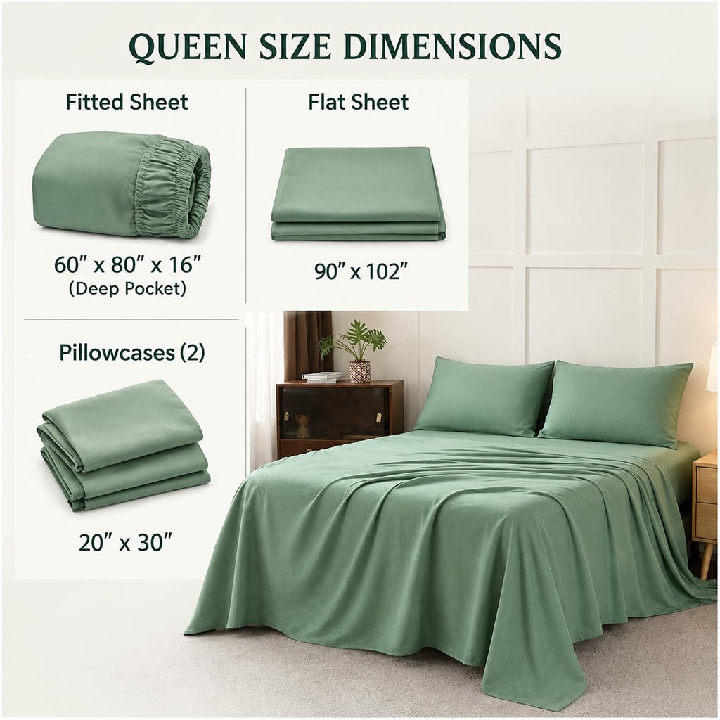 Sage Green 4-Piece Queen Sheet Set, Double-Brushed Microfiber, Smooth&Soft