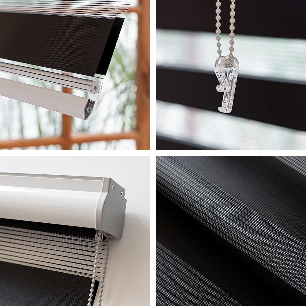 Zebra Blinds for Windows, Roller Light Filtering Control Semi Sheer Windows Shades, Black Dual Layer Fabric Manual