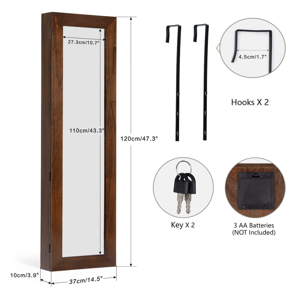 Dark Brown Jewelry Cabinet with Full Length Mirror, Solid Wood