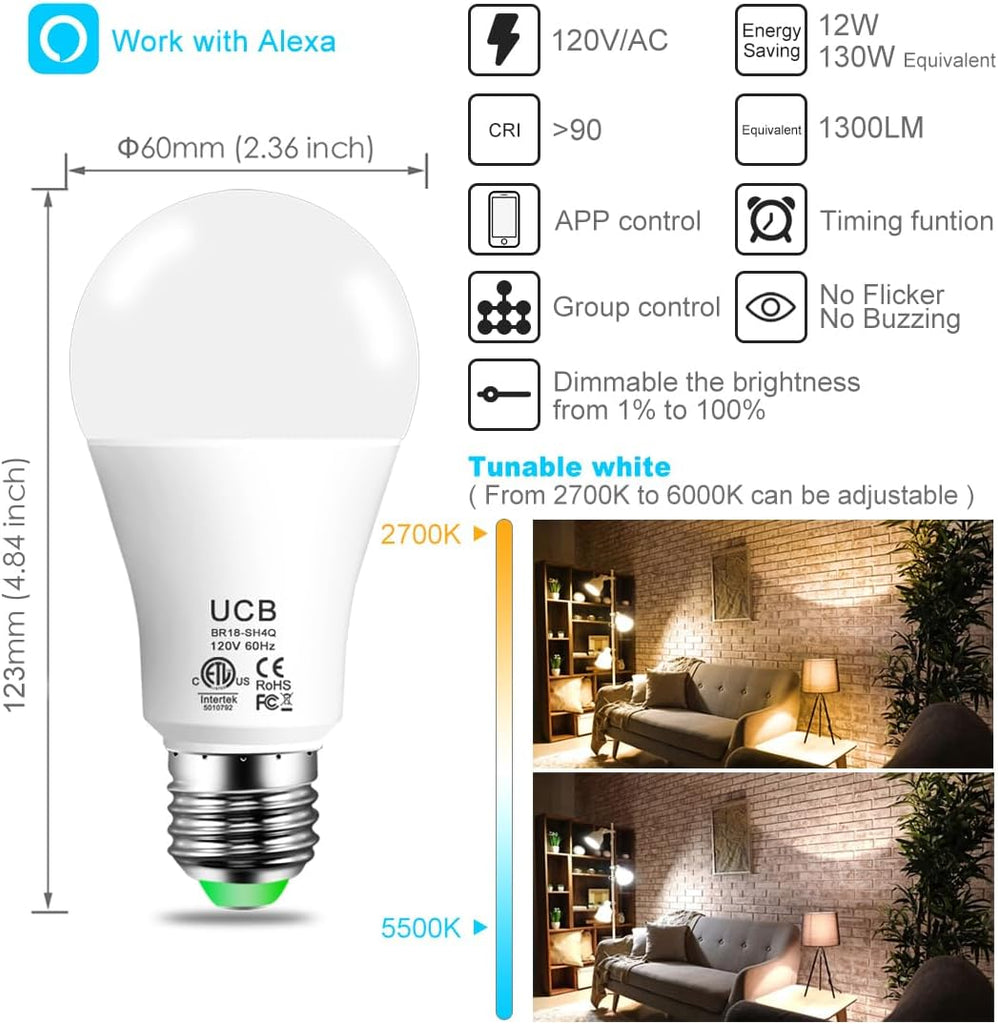 Smart Light Bulbs Compatible with Alexa 130W Equivalent, 2700K-6000K