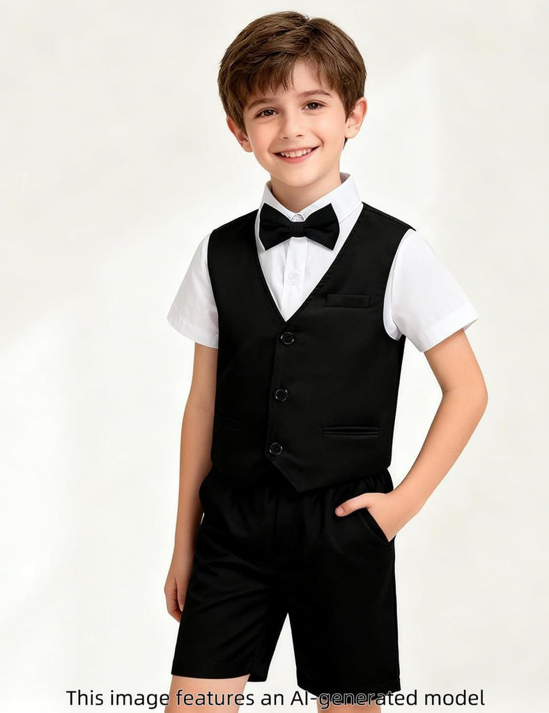 Boys Short Suit Formal Outfit 4pcs Vest, Shirt, Bow Tie