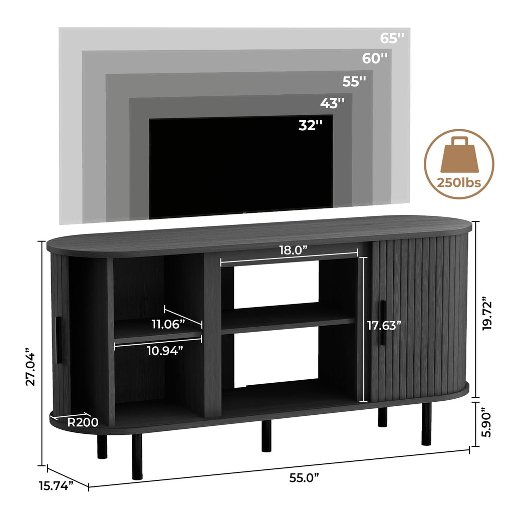 55'' Mid Century Modern Fluted TV Stand-Curved TV Cabinet with Storage, Sliding Doors & Adjustable