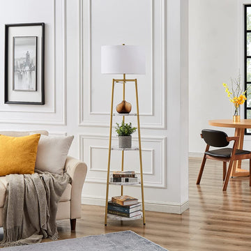Floor Lamp, Standing Reading Light with Shelves and Fabric Shade, Modern Tall Pole Lamp, Accent Furniture Décor