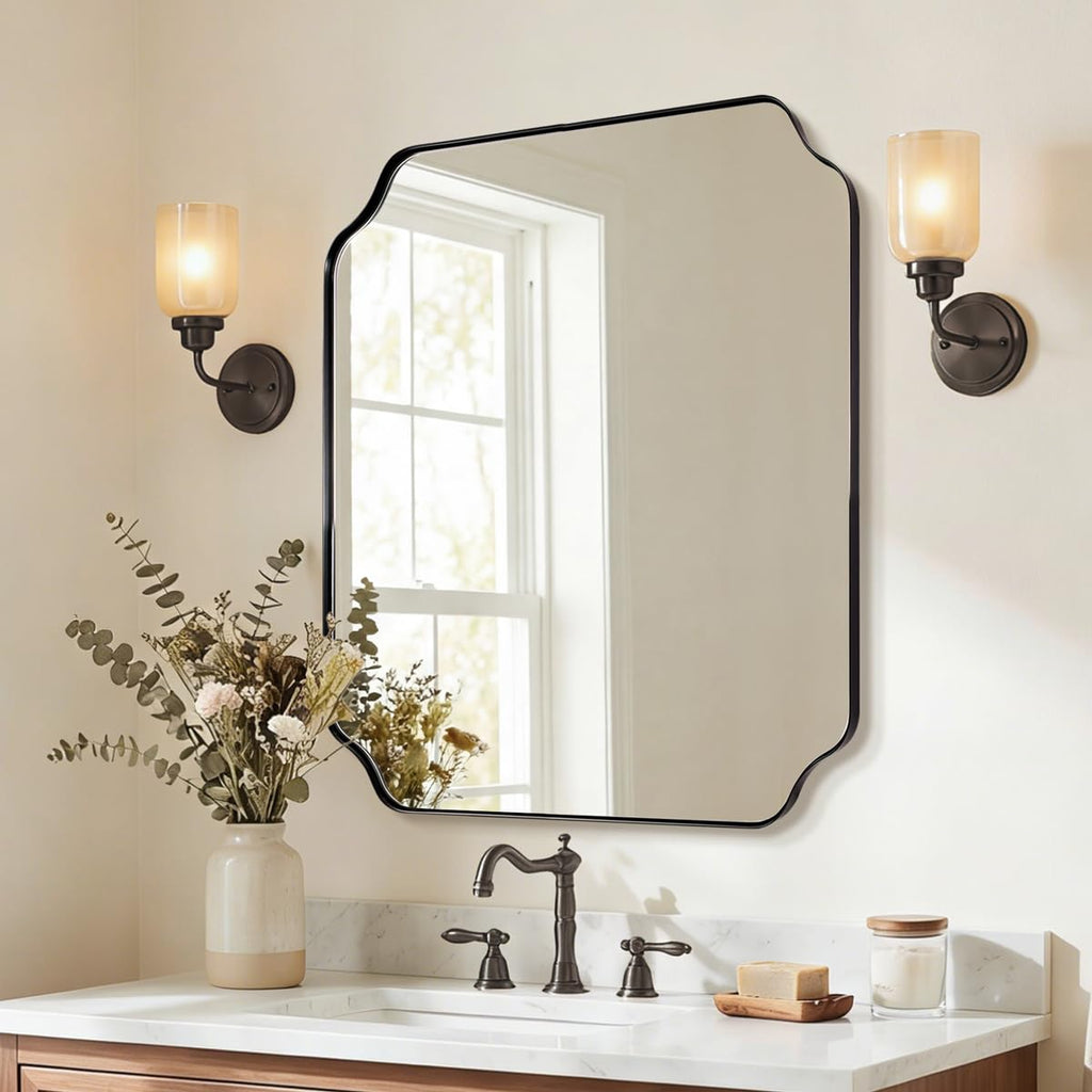 30x36 Inch Bathroom Mirror, Matte Black Vanity Mirror, Modern Scalloped Mirror in Premium Stainless Steel Metal Thin