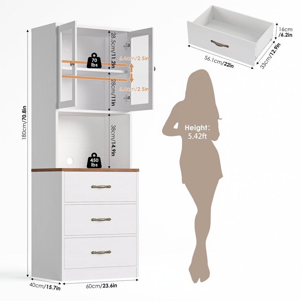 71" Tall Kitchen Pantry Storage Cabinet with Microwave Stand, Buffet Kitchen Hutch with Shelves and Drawers, Wood
