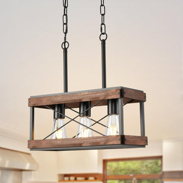 Genuine Wood Farmhouse Kitchen Island Light, 3-Light Rustic Pendant Chandelier with Adjustable Height, Metal Linear