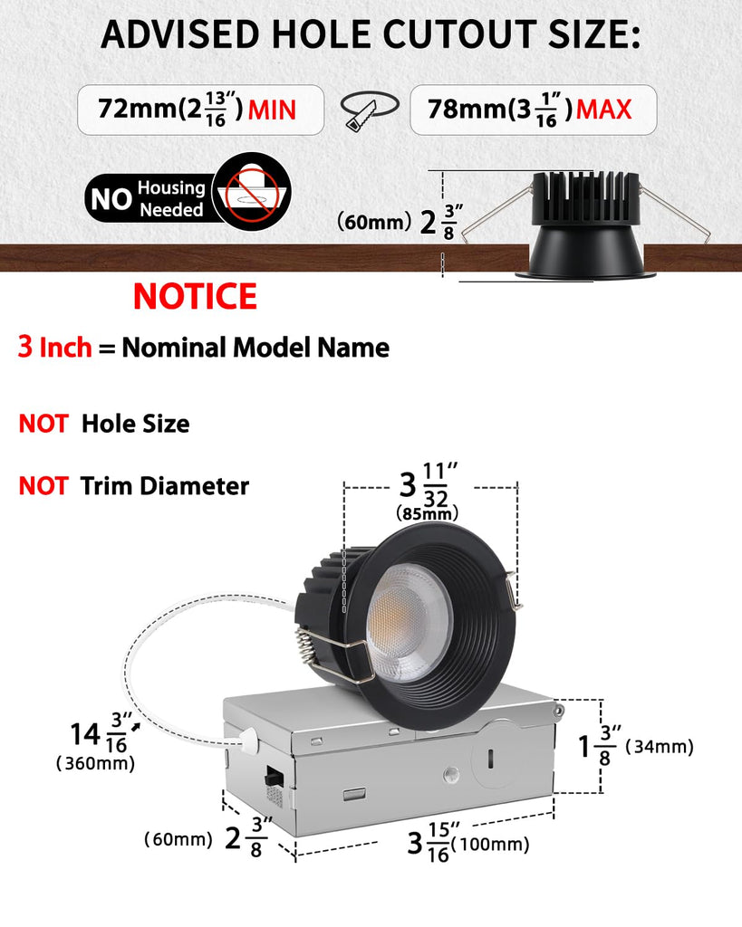 3 Inch Black 5CCT Anti-Glare LED Downlight, Recessed Light