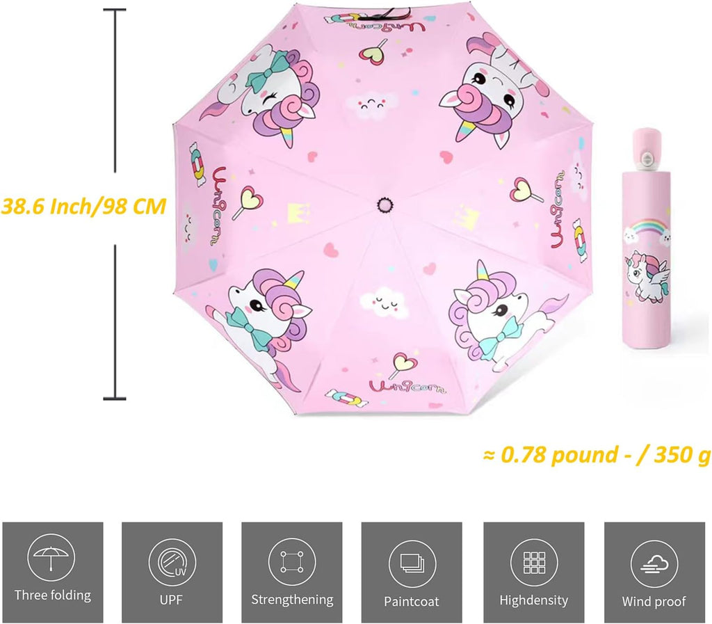 Automatic Kids Umbrella, Folding Telescopic Toddler Umbrella for girls & boys, UV/Sun Protection - Strong