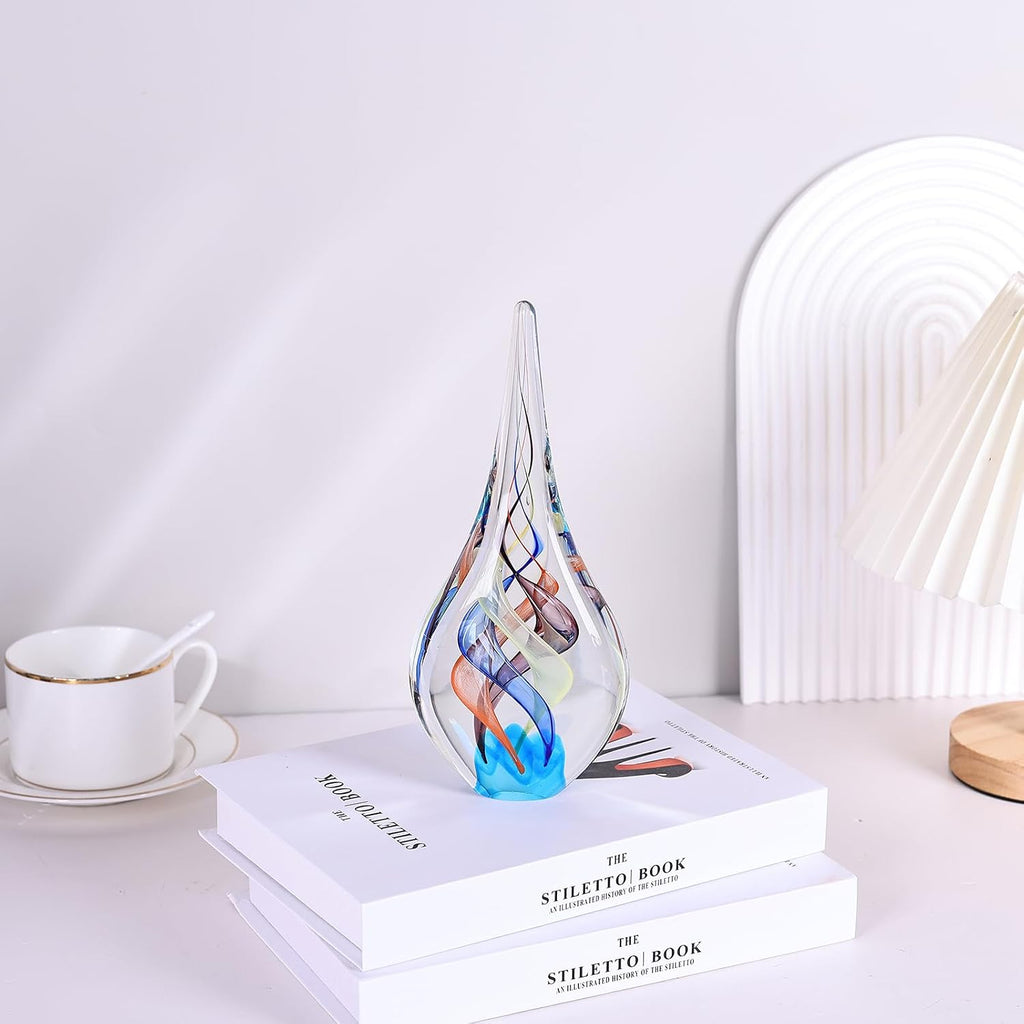 Blown glass sculpture, multi-color transparent glass art teardrop statue, unique ocean theme decoration, bookshelf - Set of 2
