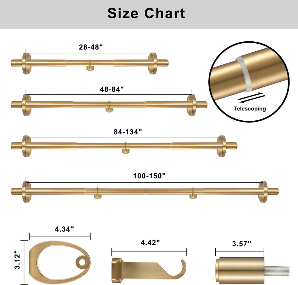 Modern Curtain Rods, 1Inch Diameter Decorative Single Window Rod Telescoping 84-134 Inch Adjustable Drapery Rods Warm
