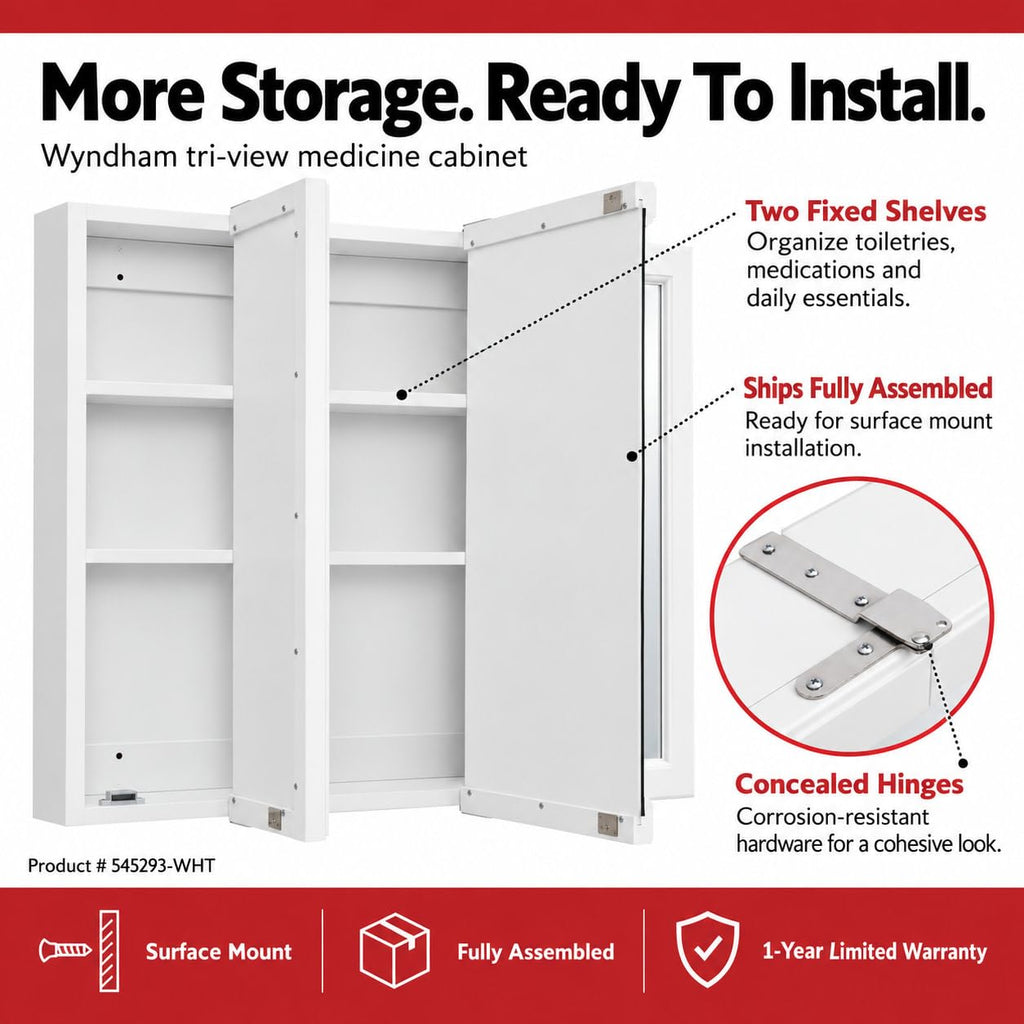 Wyndham Tri-View Medicine Cabinet, 30", White