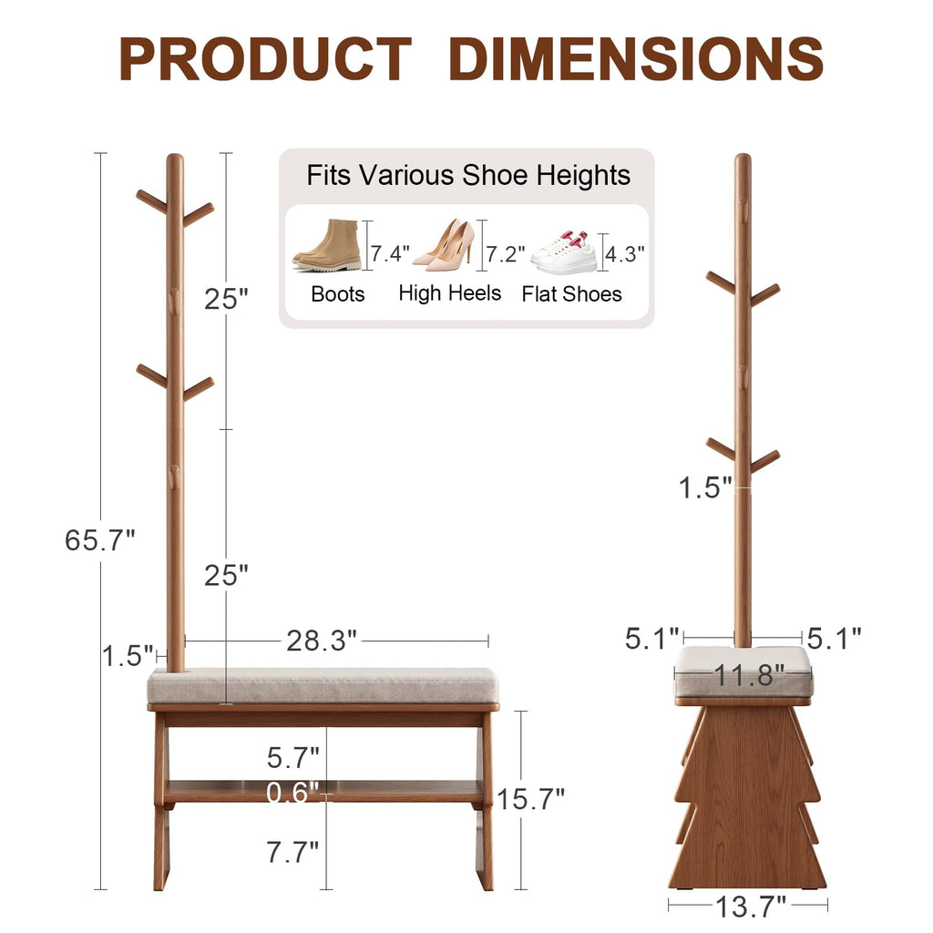 Coat Rack with Shoe Storage, Shoe Rack with 8 Hook, Walnut